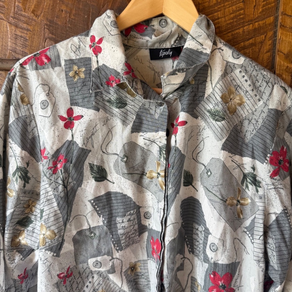 Vintage Tapestry Button Down Shirt Womens XL Gray Floral Long Sleeve Made in USA